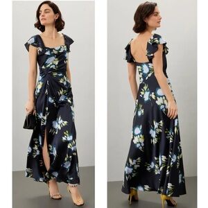 Tanya Taylor Luna Floral Print Flutter Sleeve Cowl Neck Gathered Maxi Dress NEW